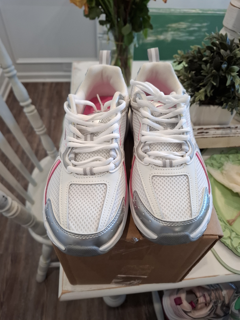 White Athletic Sneakers with Pink Accents